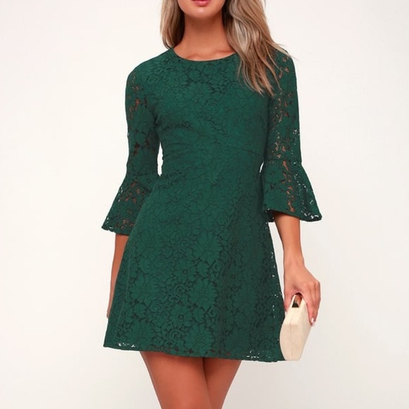 Lulus Favorite Flair Forest Green Lace Flounce Sleeve Dress ❤️ - Picture 1 of 7